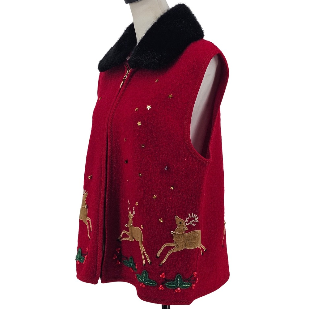 Vintage 90s Lisa International Boiled Wool Vest XL Red Christmas Reindeer Kitsch - Picture 3 of 11